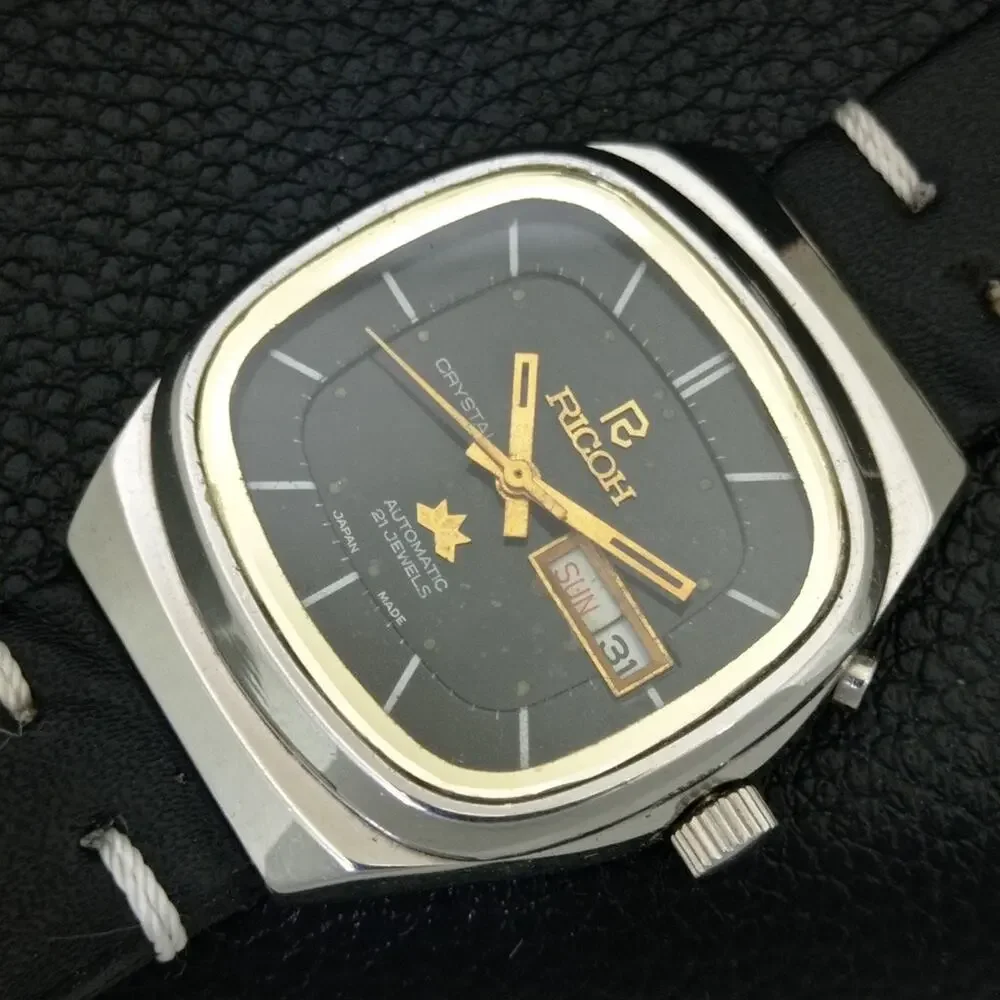 Vintage 1979 Square Ricoh Automatic Mens Silver Watch W/daydate & Gold accents